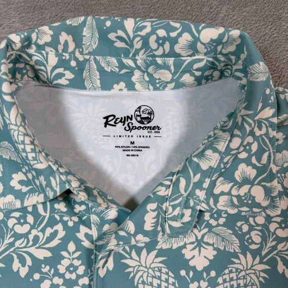Reyn Spooner Performance Polo Shirt Mens Medium Blue Floral Pineapple Limited - Picture 3 of 8